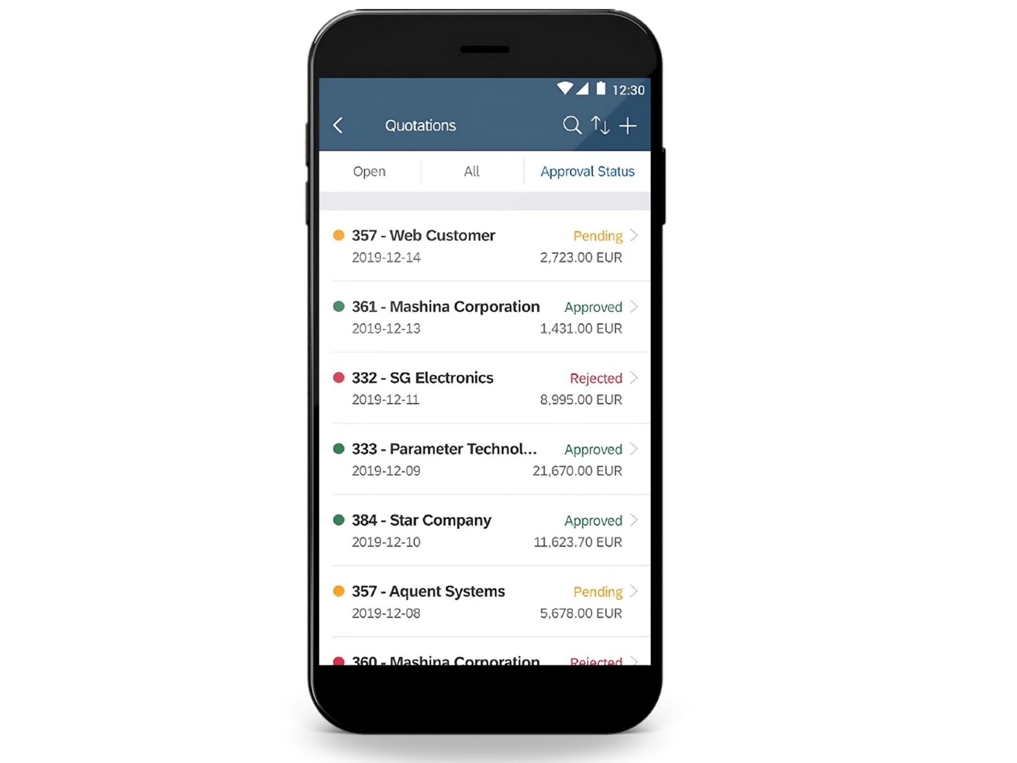 Interfaz móvil de SAP Business One con reportes, órdenes de compra y aprobaciones disponibles en tiempo real.